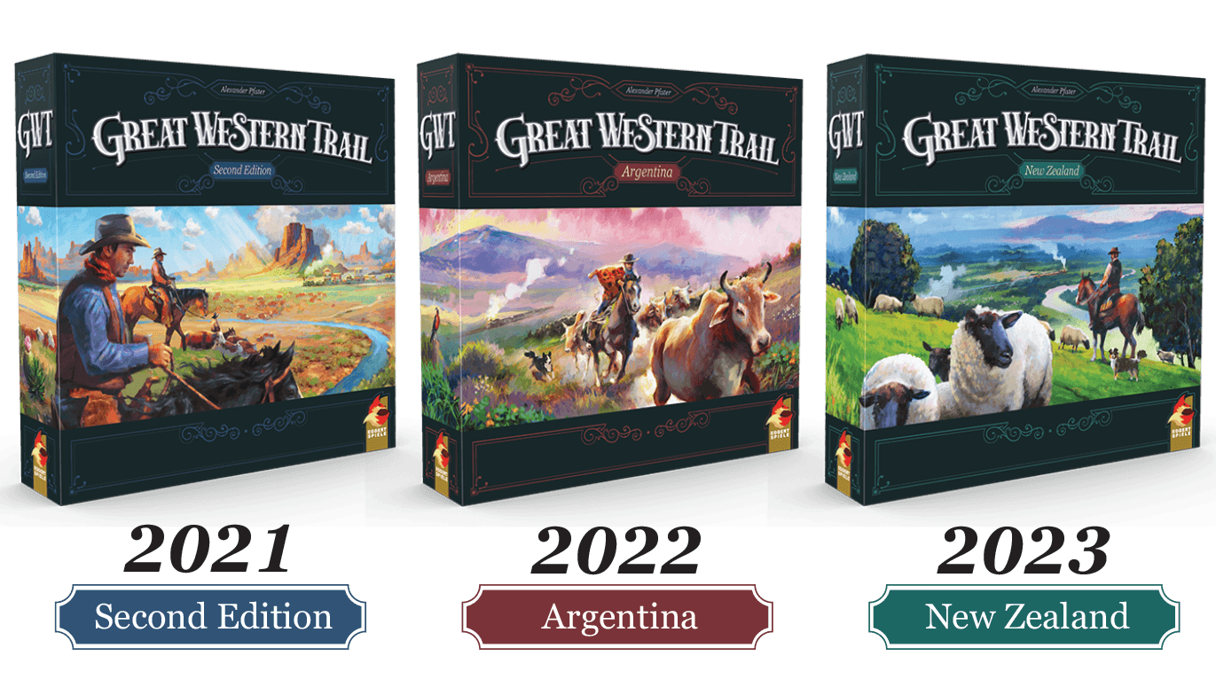 Box art for the new editions of Great Western Trail and expansions/sequels.