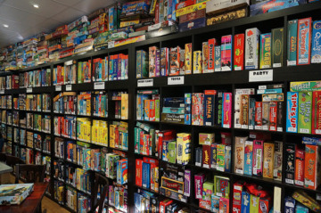 Shelves full of boardgames.