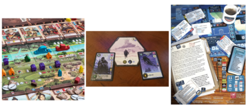 Triptych of components from 3 games: Legacy of Yu; Scythe Expeditions; Mr. President.