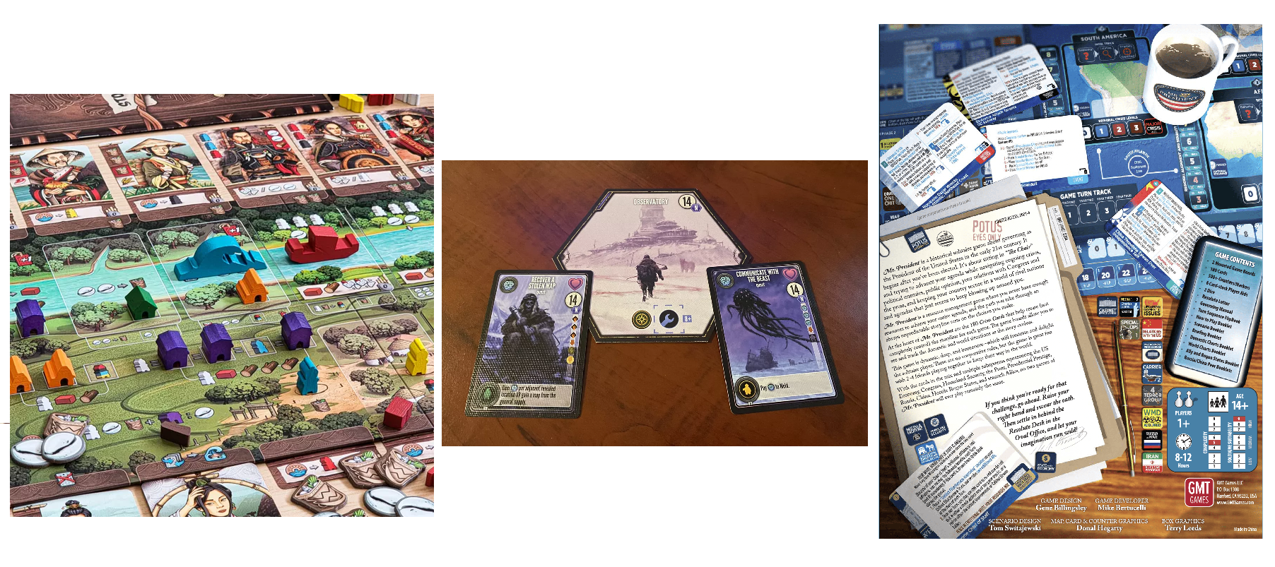 Triptych of components from 3 games: Legacy of Yu; Scythe Expeditions; Mr. President.