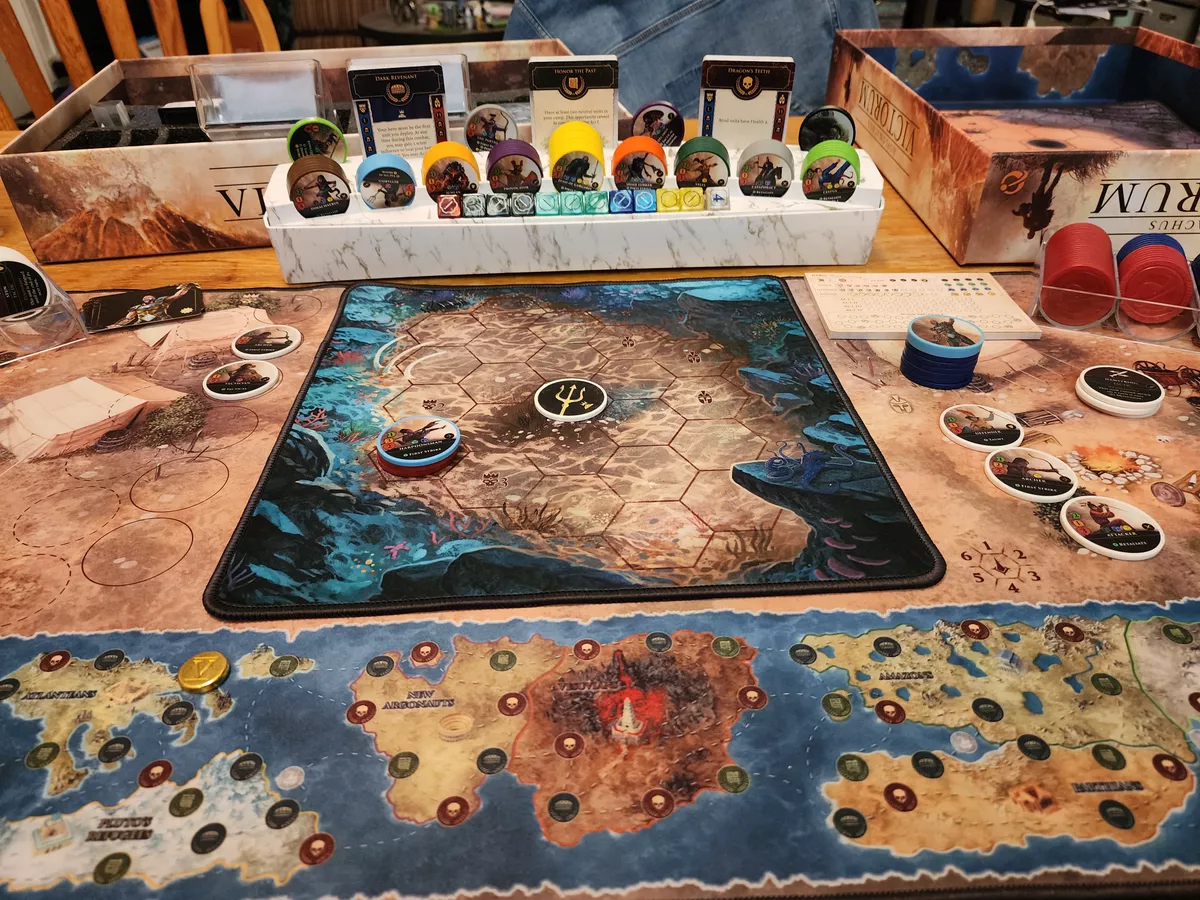 A scenario of Hoplomachus: Victorium set up and ready to play, showing both tactical and strategic maps and "colosseum seating" chip holder