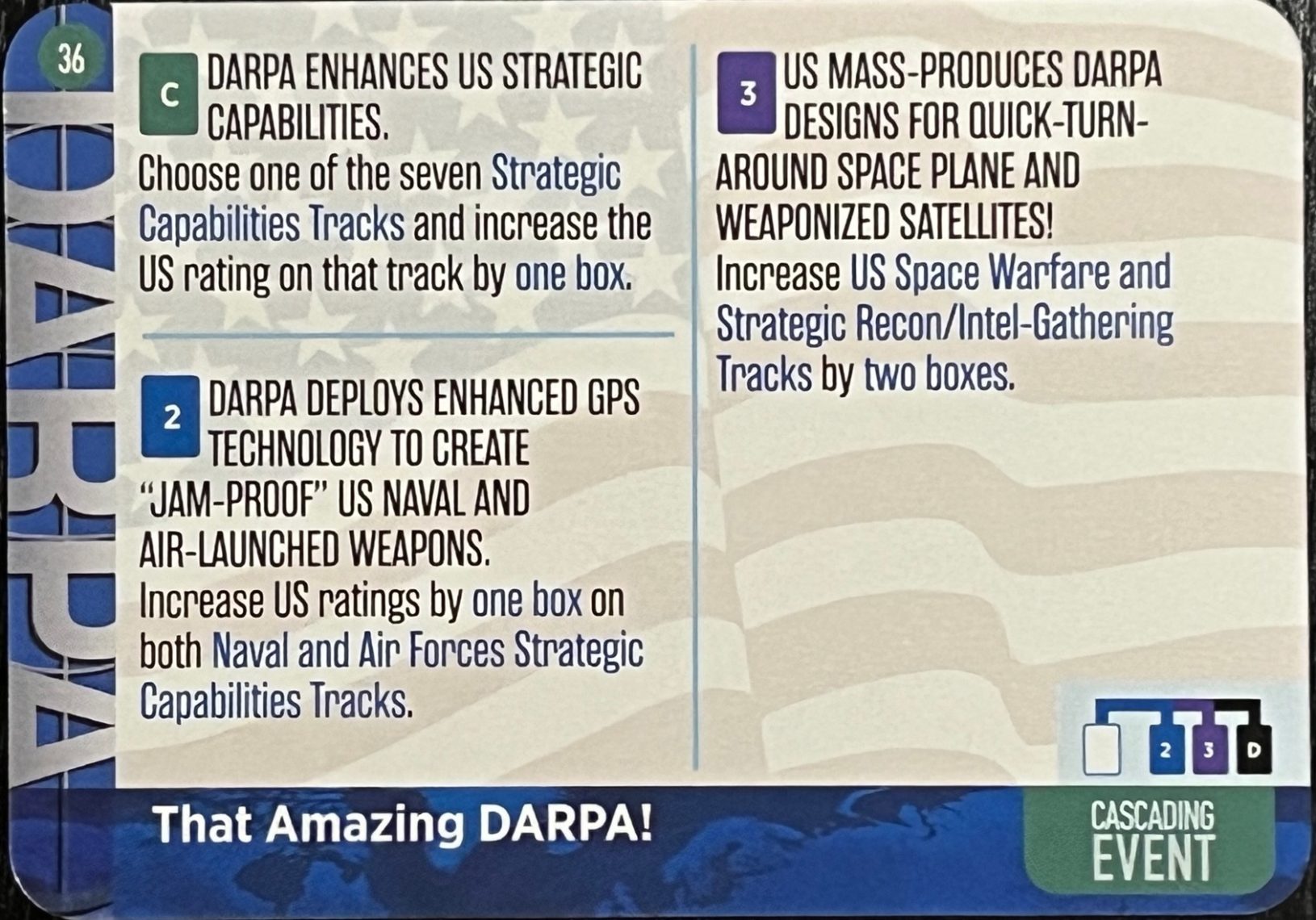 Closeup of Cascading Event card "That Amazing DARPA!" from GMT's Mr President game.