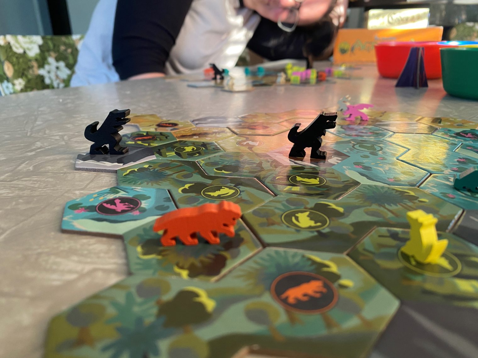 Gods Love Dinosaurs game showing tiles, animal meeples.