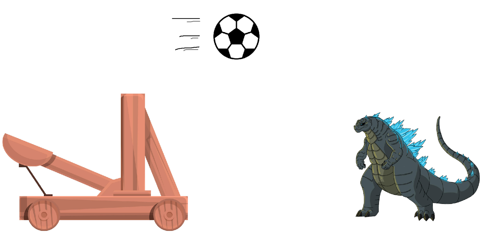 A catapult launching a soccer ball at a dinosaurish creature with an icy spine--all done with Clip Art images.